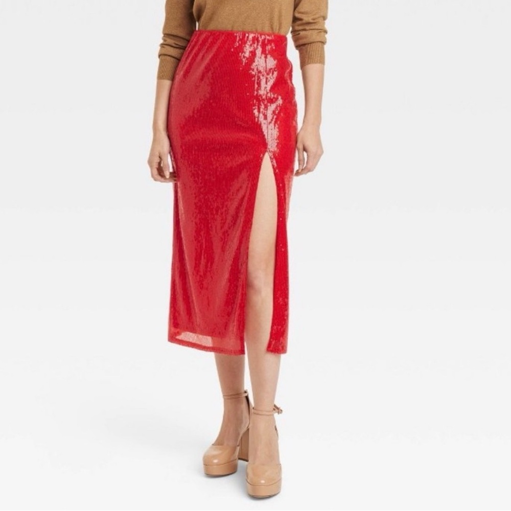 A New Day Red Sequin Maxi Skirt Holiday Party NYE Size M